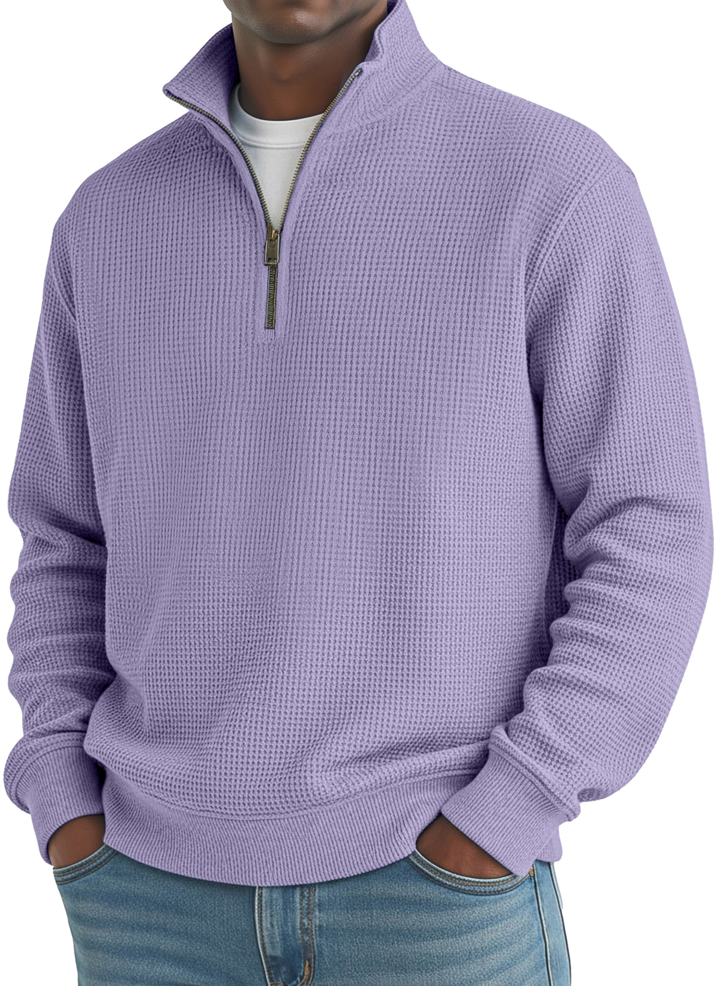 Men's Simple Loose Waffle Quarter-Zip Long Sleeve POLO Shirt