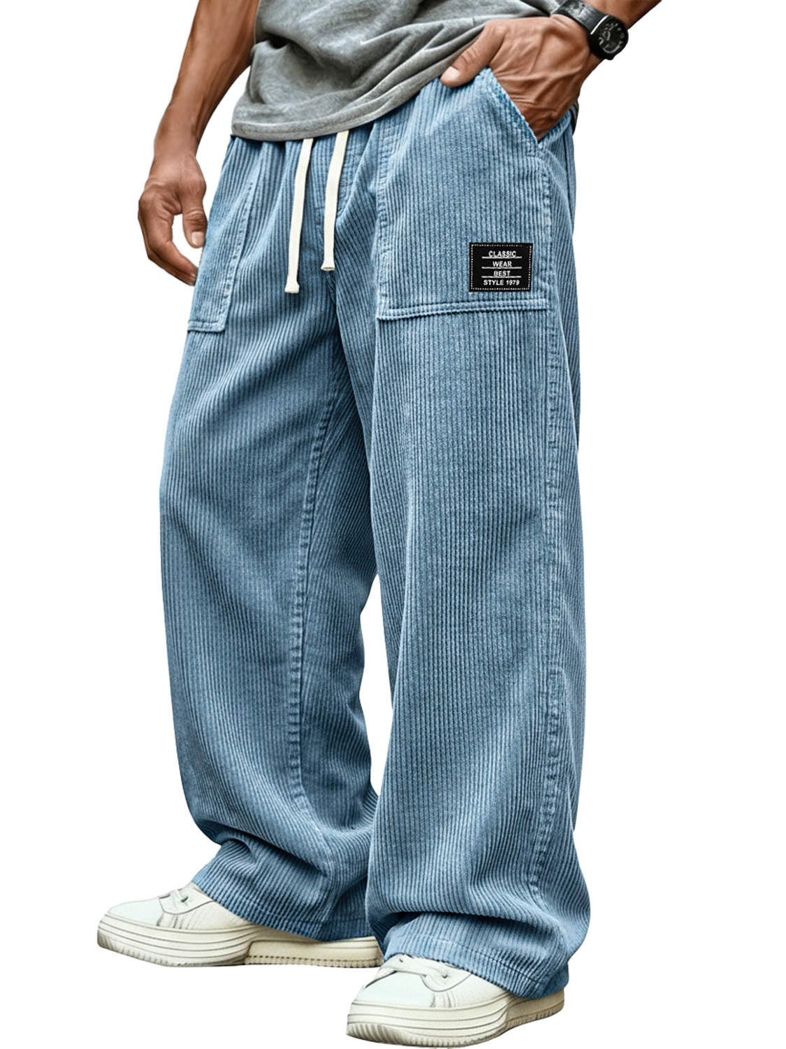 Men's Retro Corduroy Patch Pocket Embroidered Logo Casual Cargo Pants