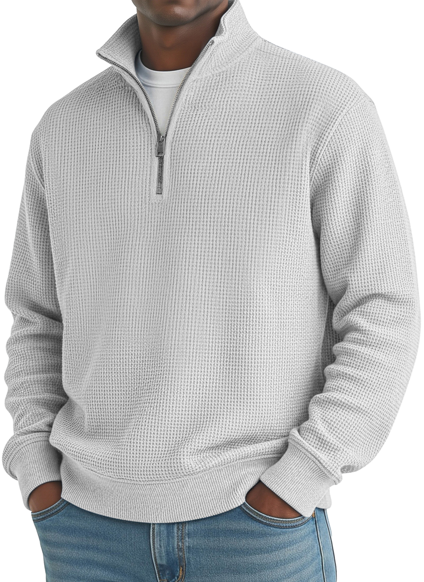 Men's Simple Loose Waffle Quarter-Zip Long Sleeve POLO Shirt