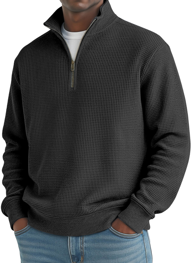 Men's Simple Loose Waffle Quarter-Zip Long Sleeve POLO Shirt