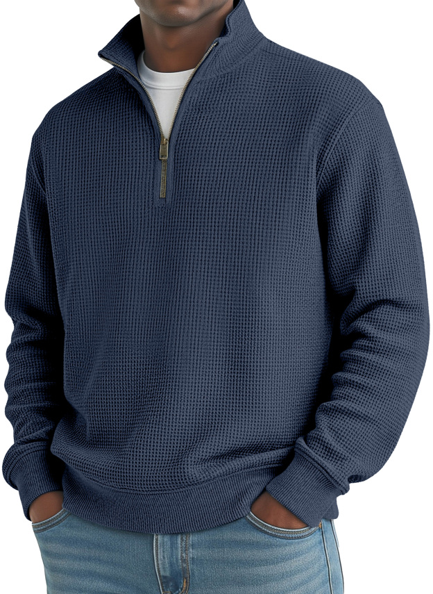 Men's Simple Loose Waffle Quarter-Zip Long Sleeve POLO Shirt