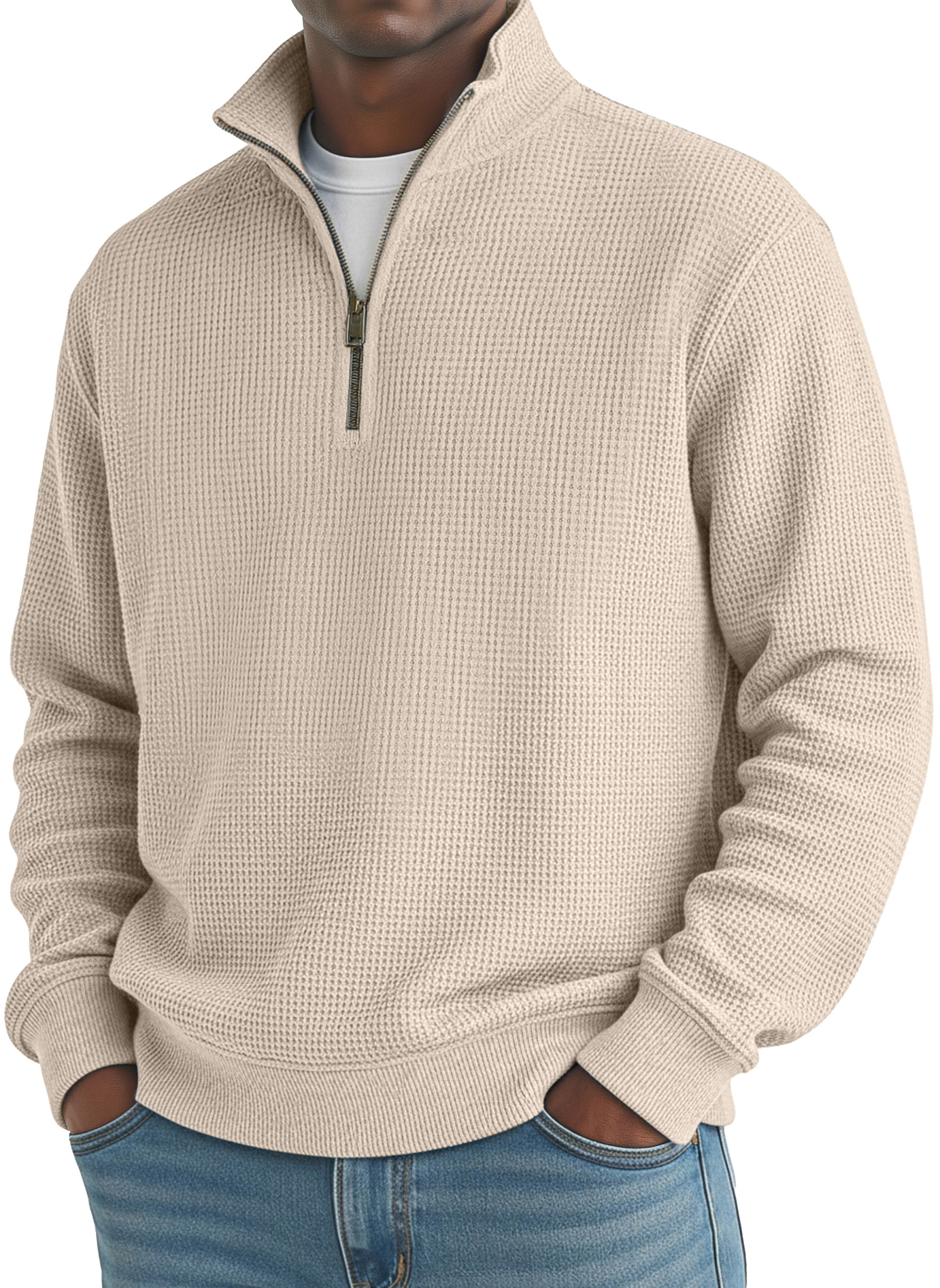 Men's Simple Loose Waffle Quarter-Zip Long Sleeve POLO Shirt