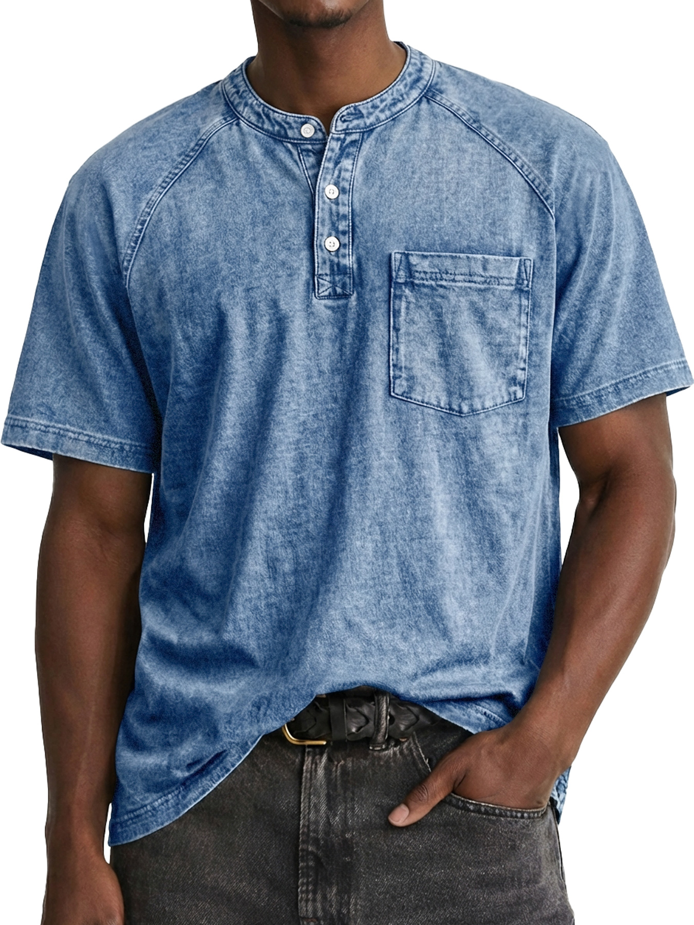 Men's Retro Raglan Pocket Casual Short-Sleeve Henley Shirt