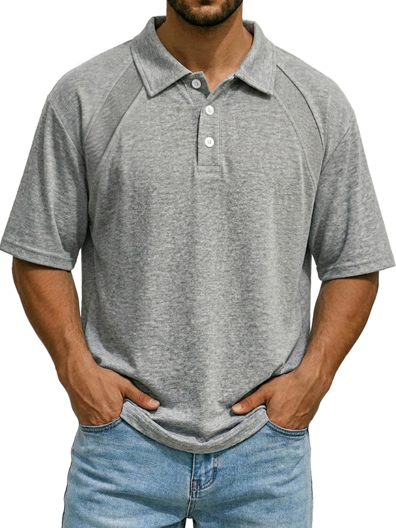 Men's Casual Raglan Polo Shirt with Turn-Down Collar and Button-Up Short Sleeve