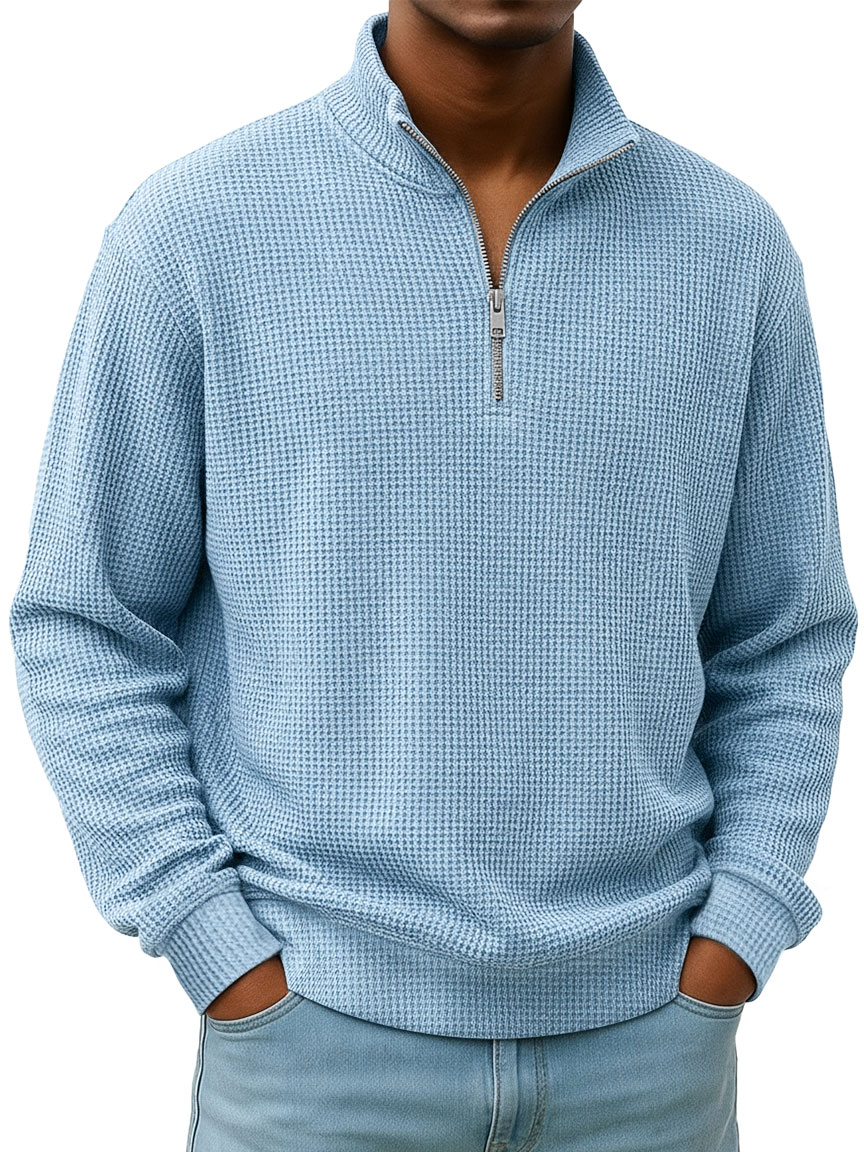 Simple Everyday Waffle Stand-up Collar Zipper Casual Long-sleeved T-shirt