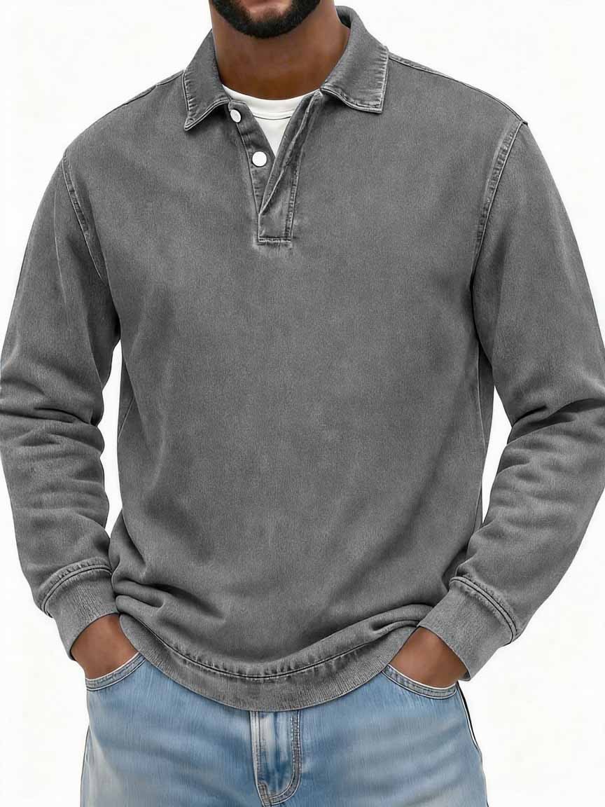 Men's Stylish Vintage Washed And Distressed Fabric Long-sleeved Polo Shirt With A Double-layer Placket And A Design Lapel 