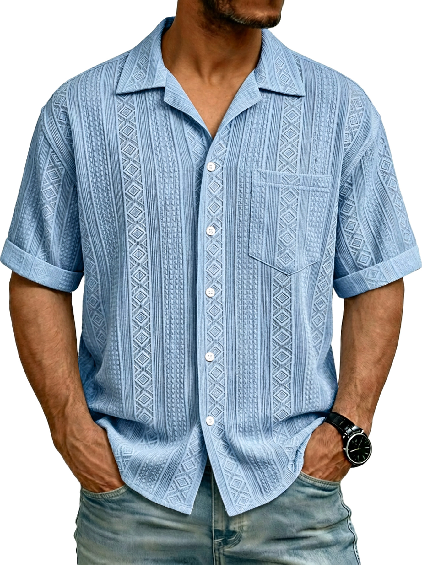 Men's Simple Textured Pocket Casual Short-Sleeve Shirt