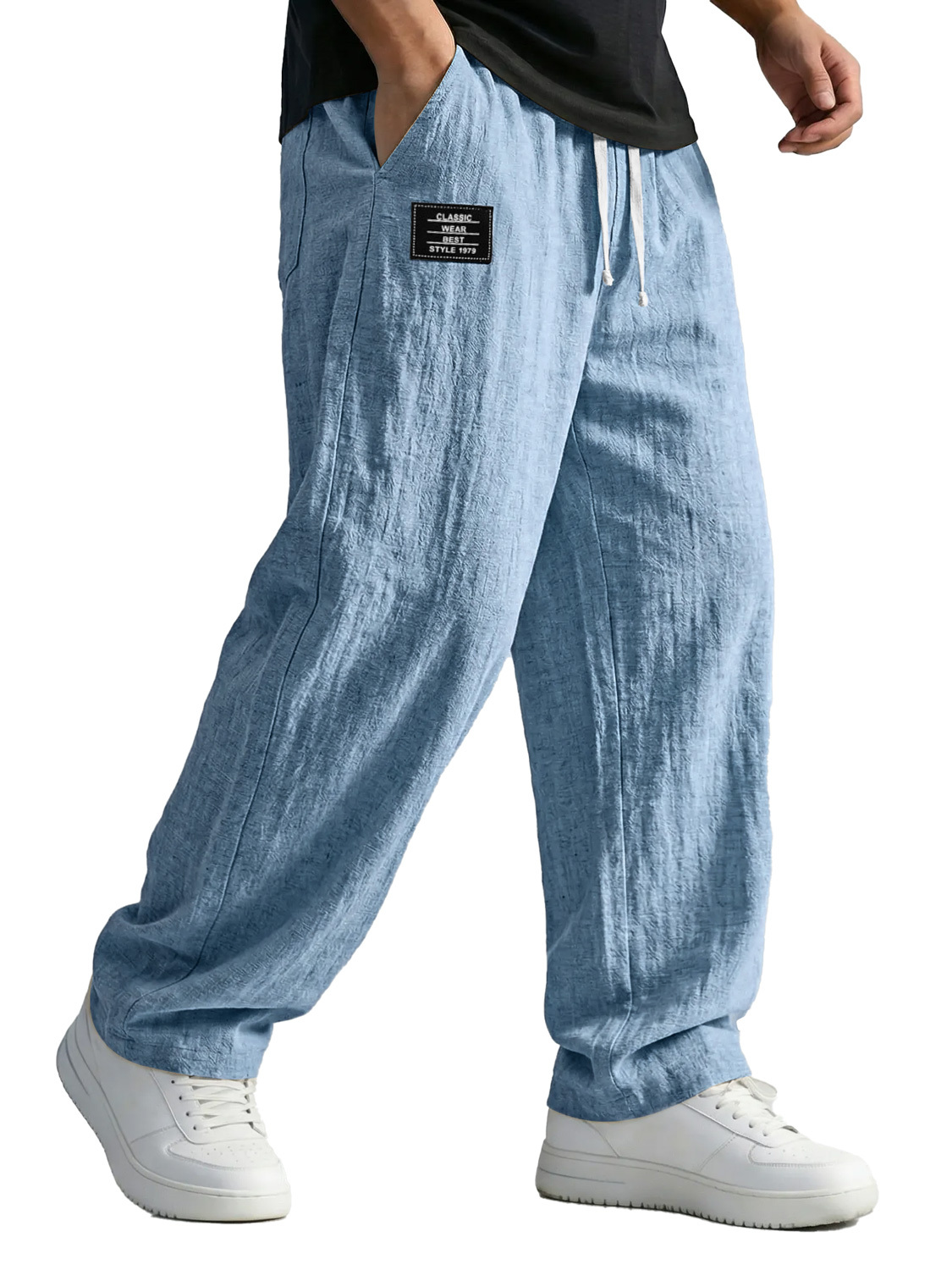 Men's Simple Cotton And Linen Trousers With Embroidered Logo, Casual And Comfortable