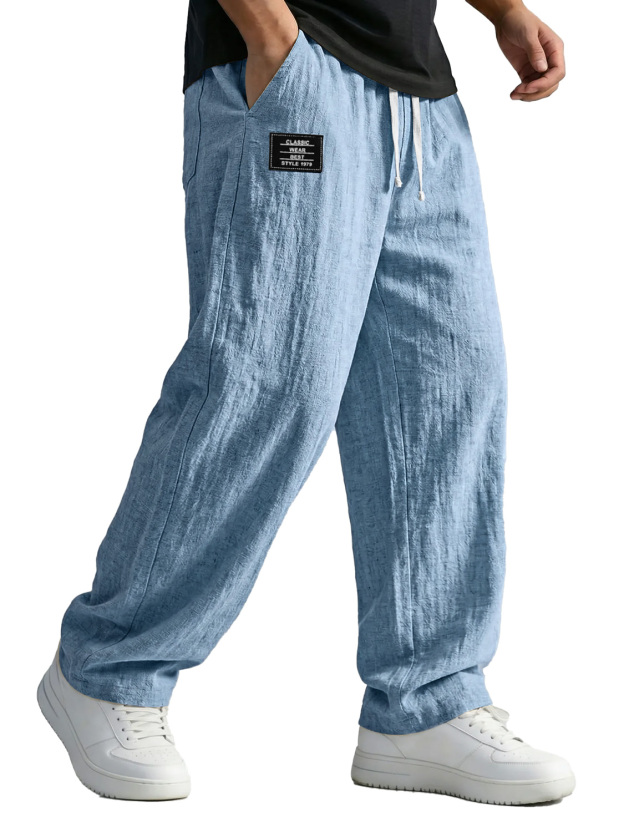 Men's Simple Cotton And Linen Trousers With Embroidered Logo, Casual And Comfortable
