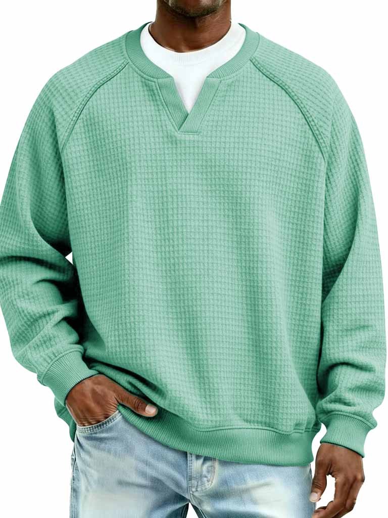 Men's Fashion Waffle Fabric Raglan V-Neck Faux Two-Piece Long-Sleeve T-Shirt
