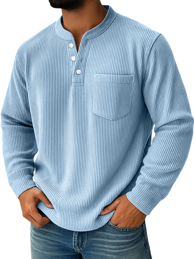 Men's Simple Everyday Ribbed Stand Collar Pocket Casual Long Sleeve Henley Shirt