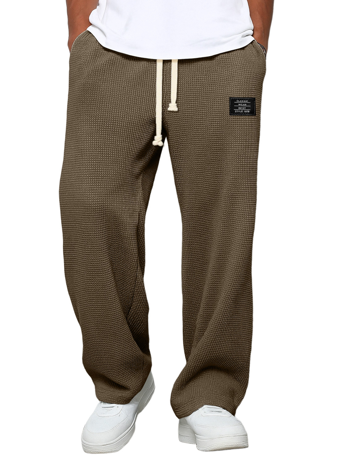 Men's Casual Waffle Embroidered Logo Simple Solid Color Trousers