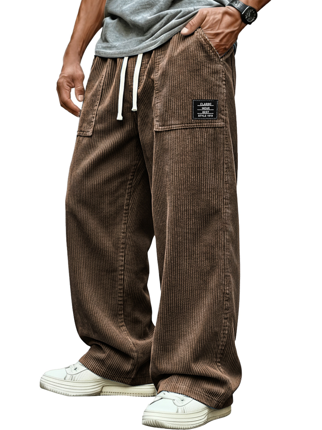 Men's Retro Corduroy Patch Pocket Embroidered Logo Casual Cargo Pants