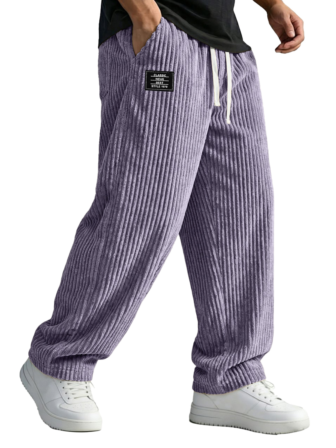 Men's Corduroy Casual Trousers With Embroidered Logo And Elastic Waistband