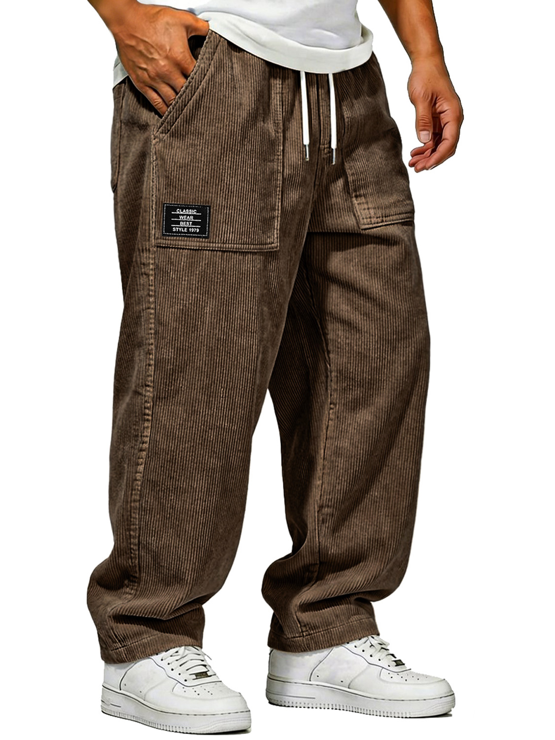 Men's Vintage Corduroy Trousers With Patch Pockets And Embroidered Logo