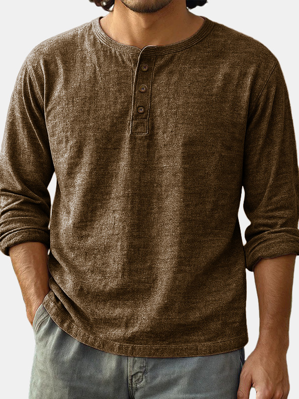  Men's Fashion Casual Limna Fabric Long-sleeved Henley Shirt