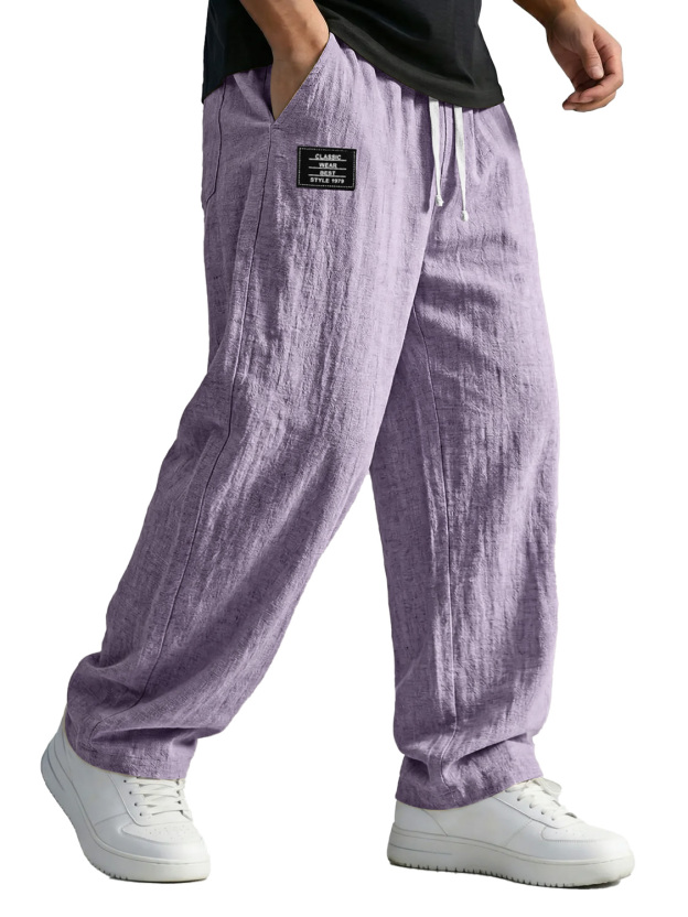 Men's Simple Cotton And Linen Trousers With Embroidered Logo, Casual And Comfortable
