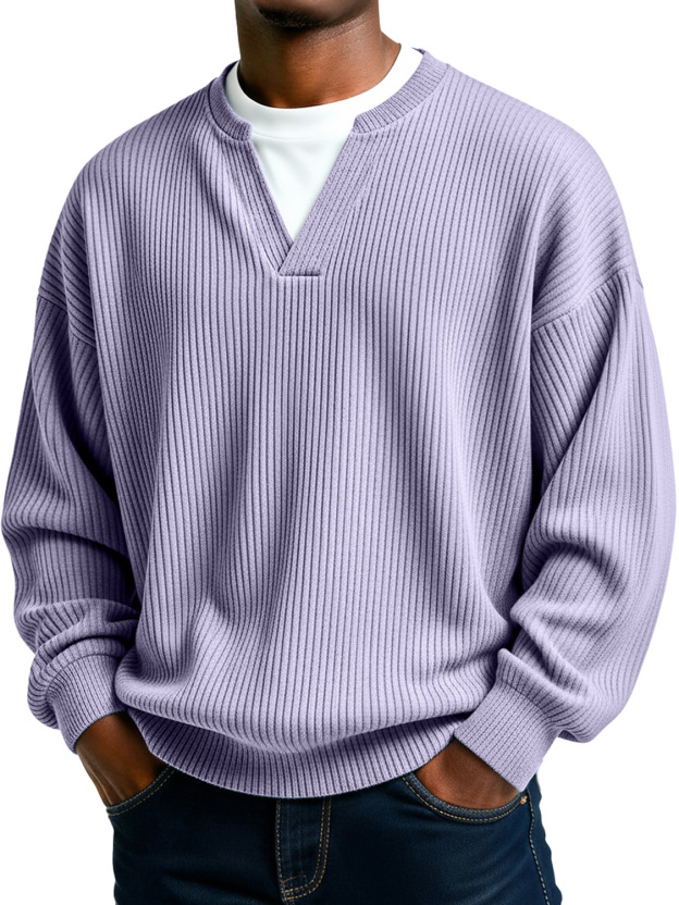 Men's Simple Ribbed V-Neck Faux Two-Piece Casual Long-Sleeve T-Shirt