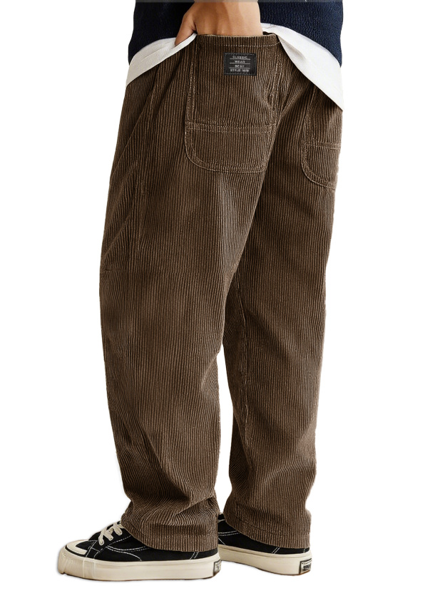 Men's Stylish Everyday Corduroy Ribbed Fabric Pants With Loose-fitting Drawstring Waist And Embroidered Logo