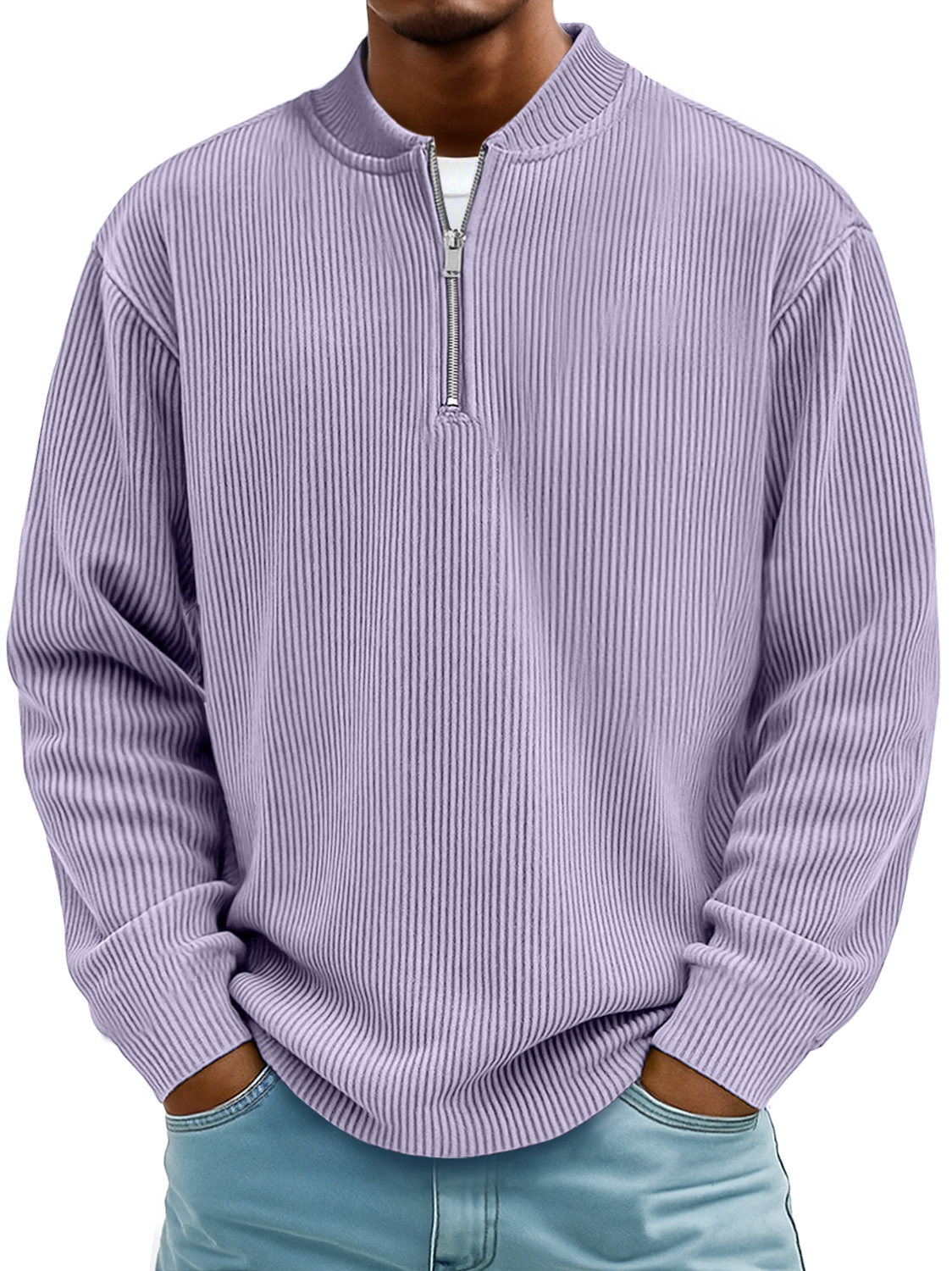 Men's Daily Striped Baseball Collar Zipper Casual Long Sleeve T-shirt