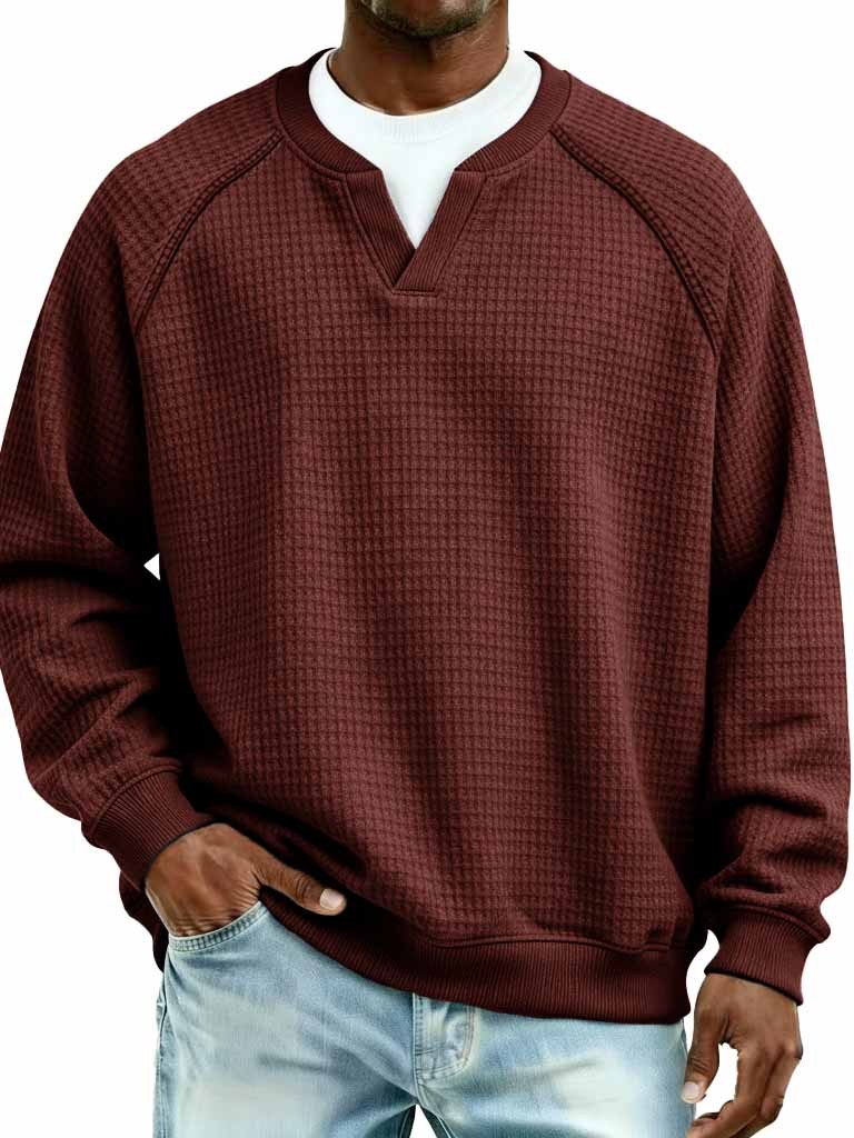 Men's Fashion Waffle Fabric Raglan V-Neck Faux Two-Piece Long-Sleeve T-Shirt