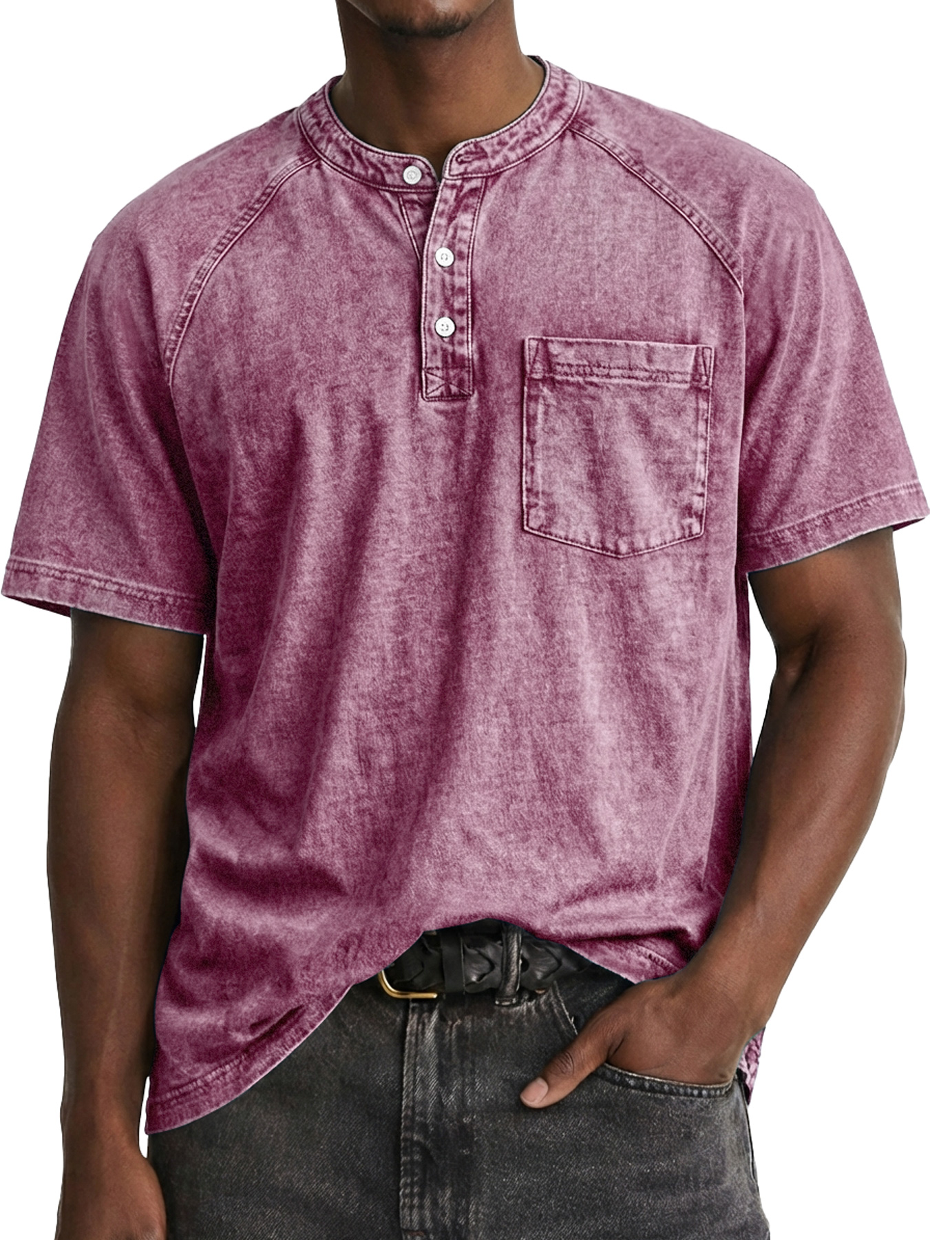 Men's Retro Raglan Pocket Casual Short-Sleeve Henley Shirt