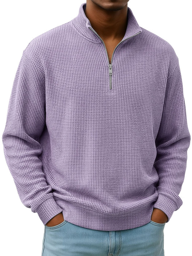 Simple Everyday Waffle Stand-up Collar Zipper Casual Long-sleeved T-shirt