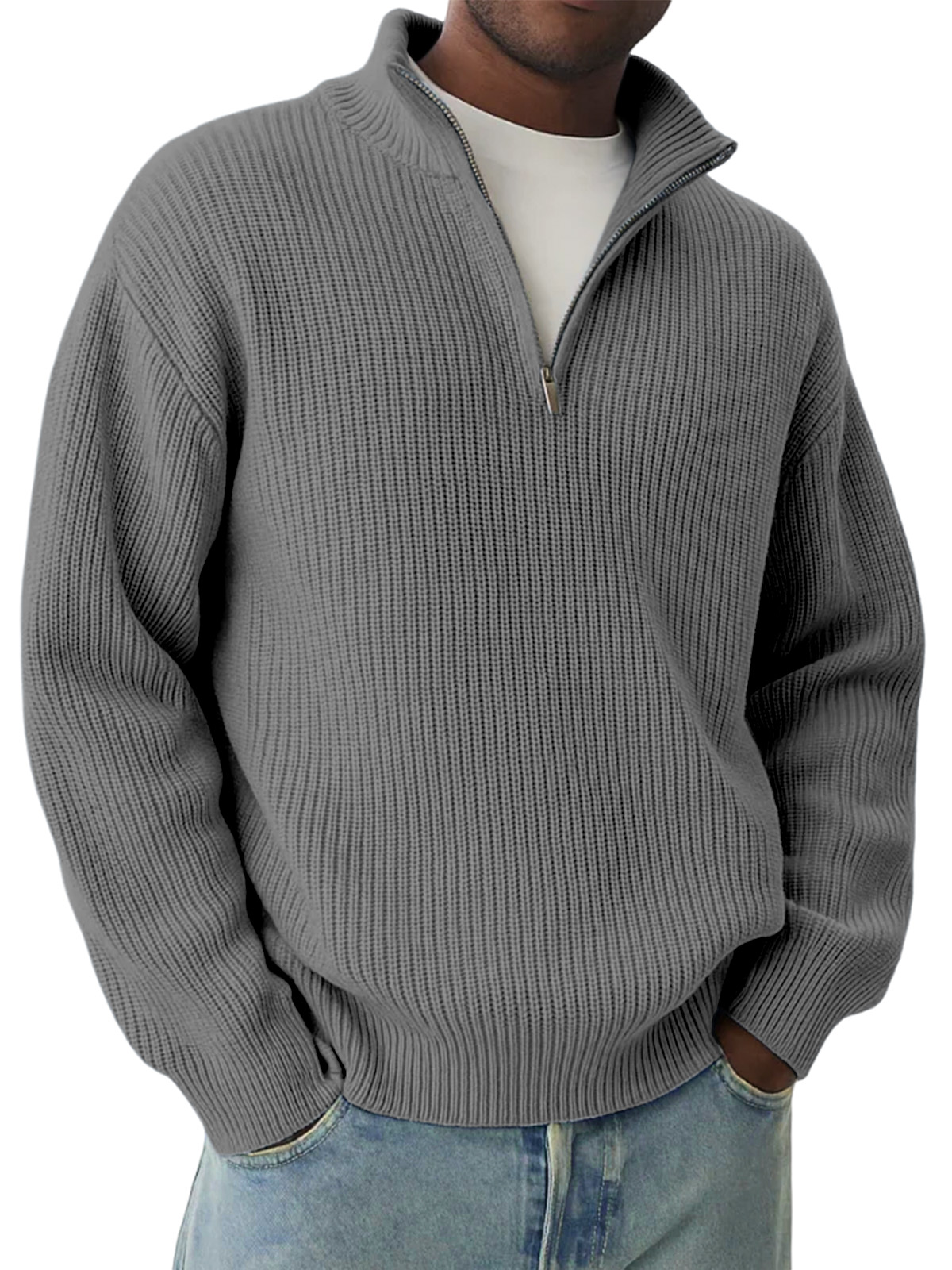 Daily Casual Solid Color Knitted Half-Zip Pullover Sweater