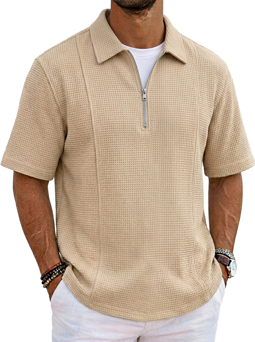 Men's Casual Waffle Lapel Short Sleeve Polo Shirt