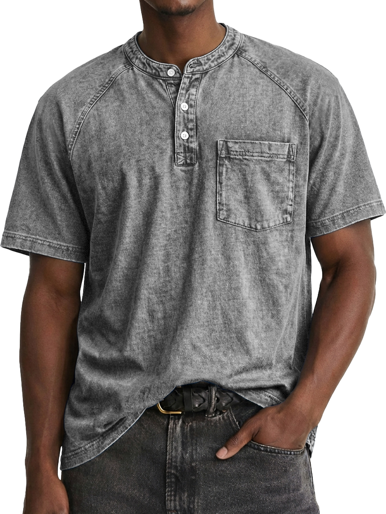 Men's Retro Raglan Pocket Casual Short-Sleeve Henley Shirt