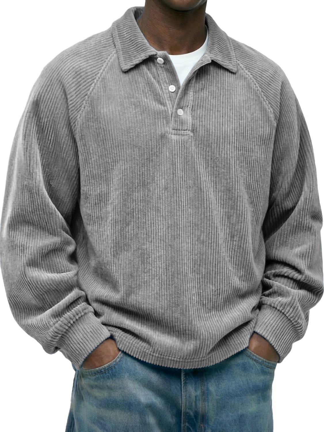 Men's Vintage Corduroy Raglan Sleeve Lapel Button-down Casual Long-sleeved Polo Shirt