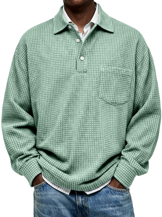 Simple Corduroy Corn Plaid Lapel Button Casual Long-sleeved Polo Shirt