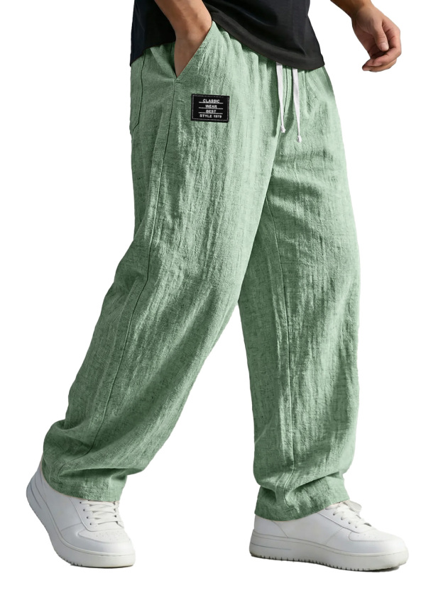 Men's Simple Cotton And Linen Trousers With Embroidered Logo, Casual And Comfortable