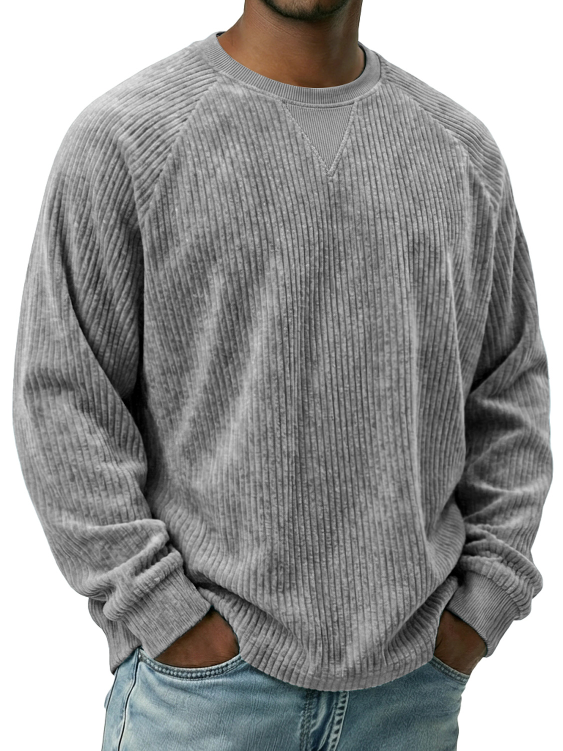 Men's Vintage Corduroy Long-sleeved T-shirt With Inverted Triangle Design