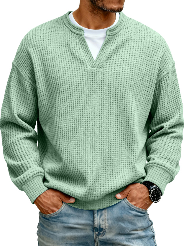 Men's Simple Waffle V-neck Fake Two-piece Casual Long-sleeved T-shirt