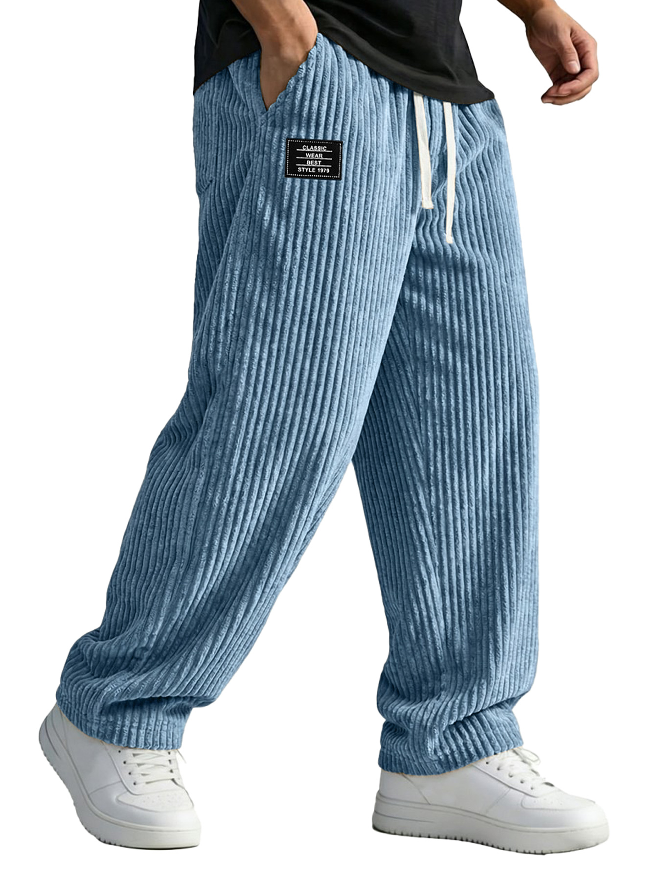 Men's Corduroy Casual Trousers With Embroidered Logo And Elastic Waistband