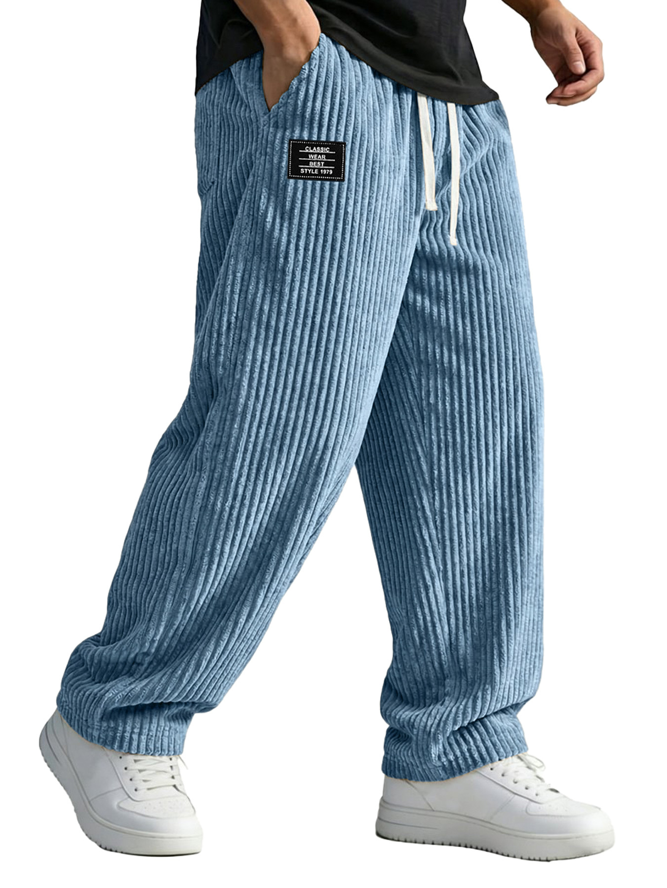 Men's Corduroy Casual Trousers With Embroidered Logo And Elastic Waistband