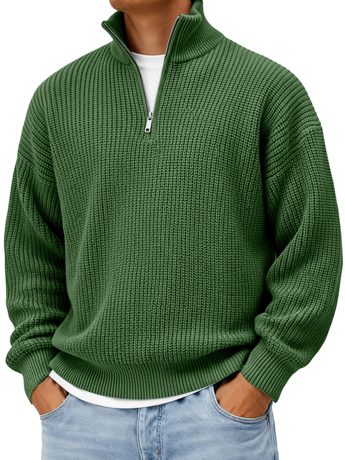 Men's Loose Stand-up Collar Zip-up Knit Solid Color Sweater