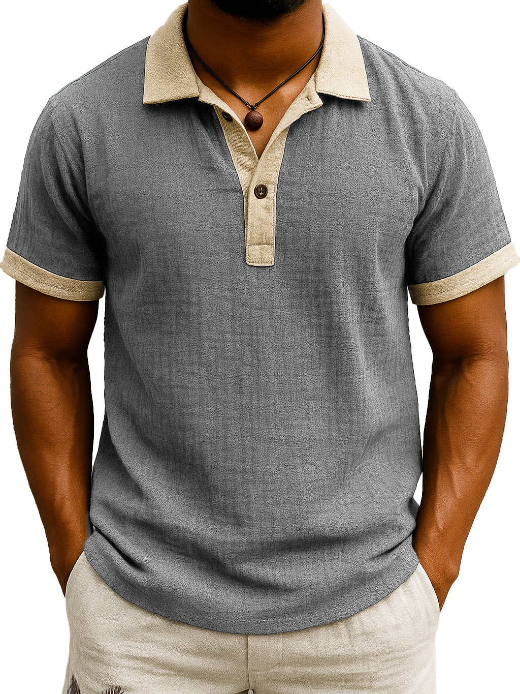  Men's Fashion Retro Hemp Fabric Patchwork Contrast Color Short-sleeved Polo Shirt 