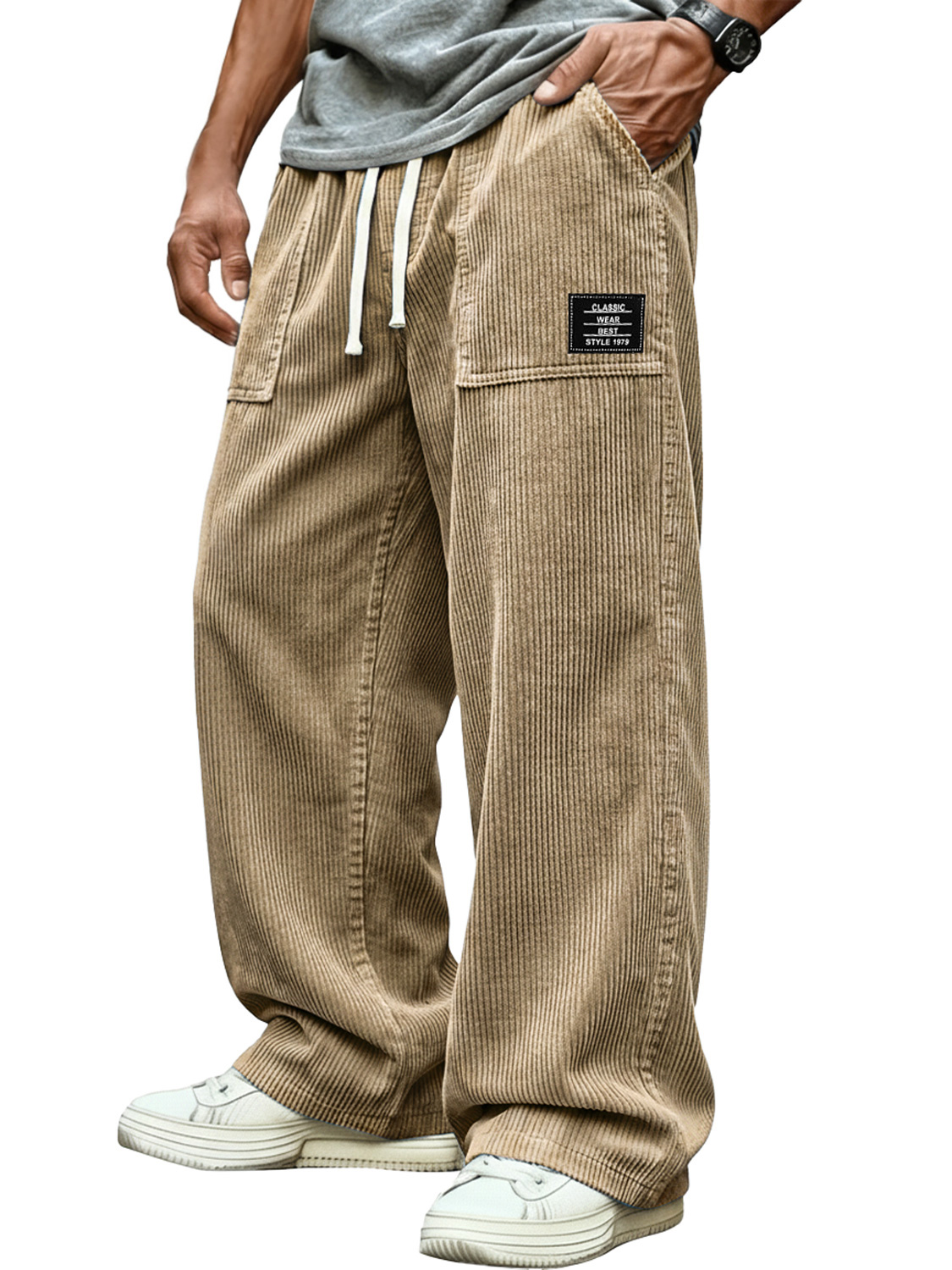Men's Retro Corduroy Patch Pocket Embroidered Logo Casual Cargo Pants