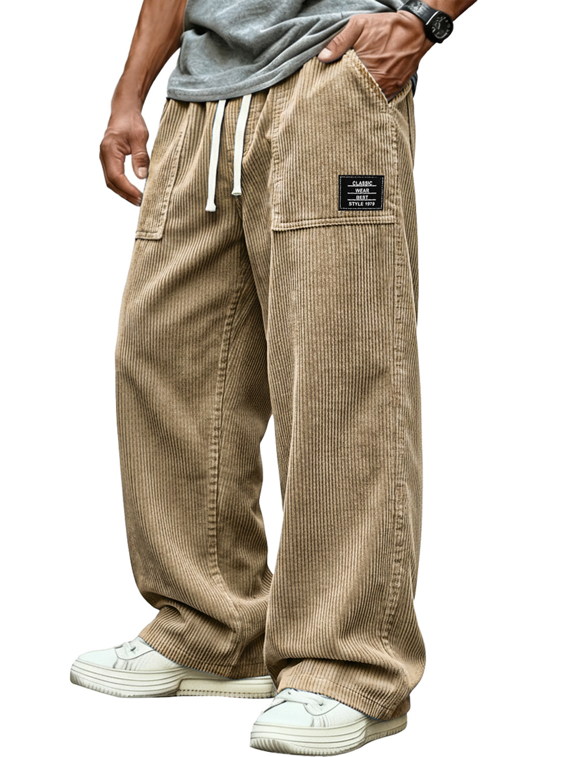 Men's Retro Corduroy Patch Pocket Embroidered Logo Casual Cargo Pants