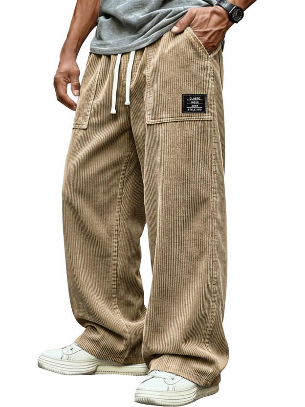 Men's Retro Corduroy Patch Pocket Embroidered Logo Casual Cargo Pants