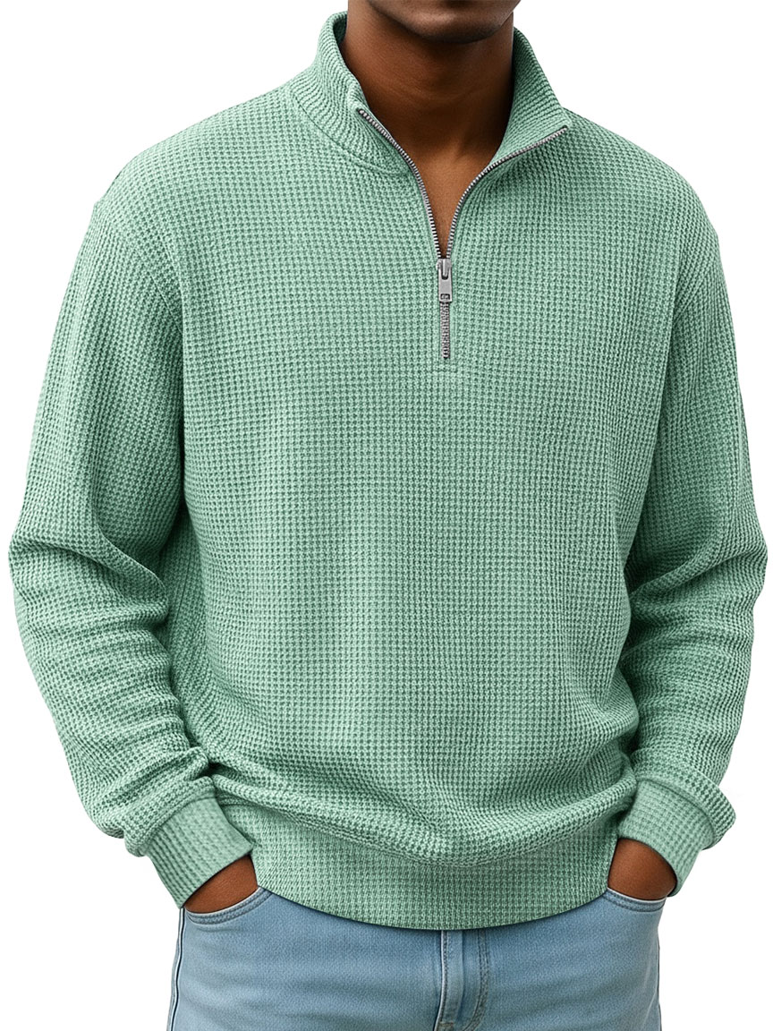 Simple Everyday Waffle Stand-up Collar Zipper Casual Long-sleeved T-shirt