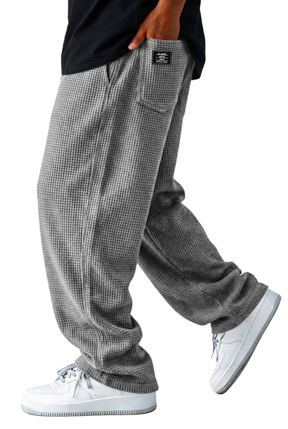 Men's Waffle-knit Casual Loose-fitting Trousers With Embroidered Logo