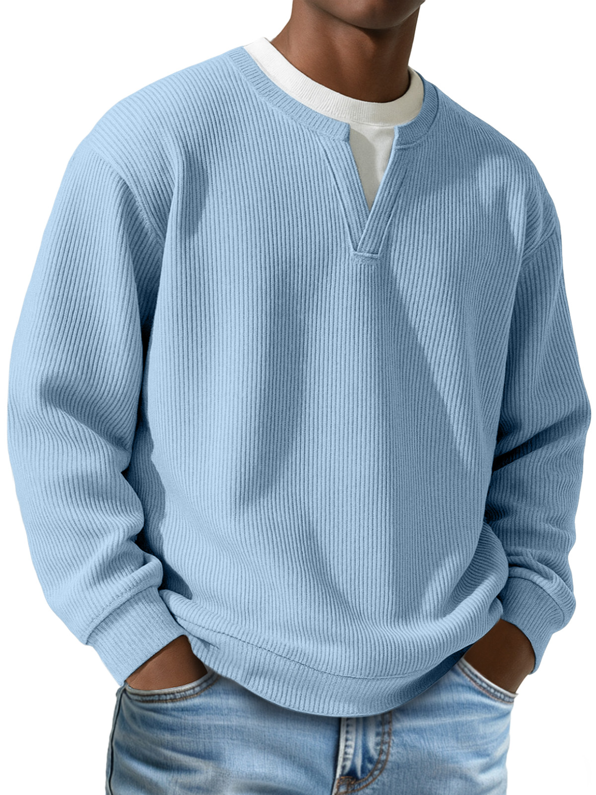 Men's Daily Vertical Pit V-neck Fake Two-piece Round Neck Long-sleeved T-shirt