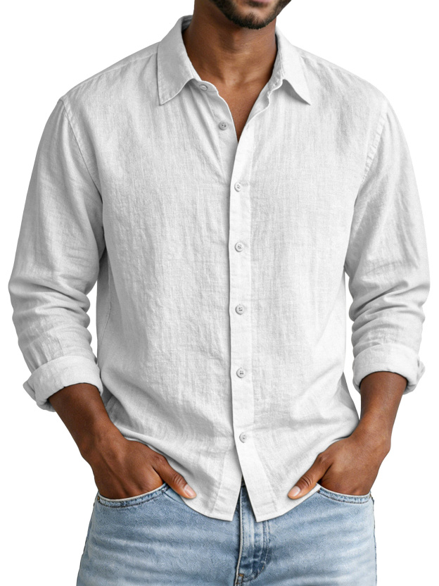 Everyday Simple Solid Color Cotton and Linen Lapel Long-Sleeved Shirt