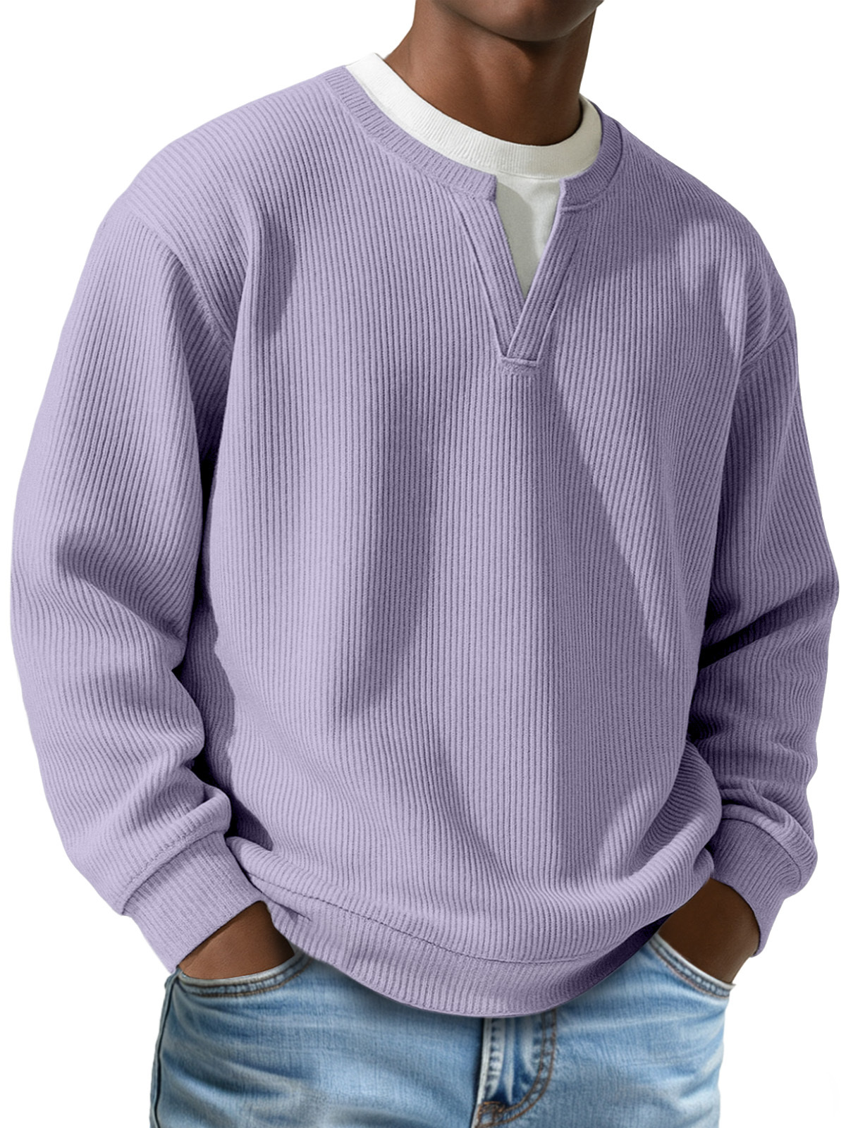 Men's Daily Vertical Pit V-neck Fake Two-piece Round Neck Long-sleeved T-shirt