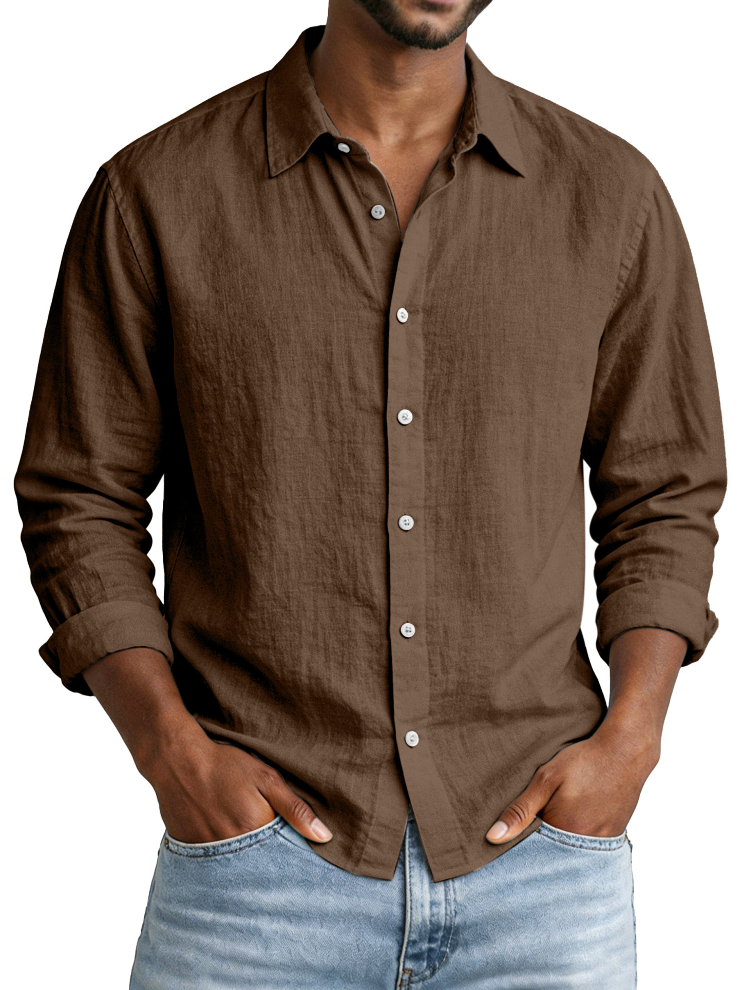 Everyday Simple Solid Color Cotton and Linen Lapel Long-Sleeved Shirt