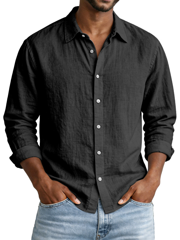 Everyday Simple Solid Color Cotton and Linen Lapel Long-Sleeved Shirt