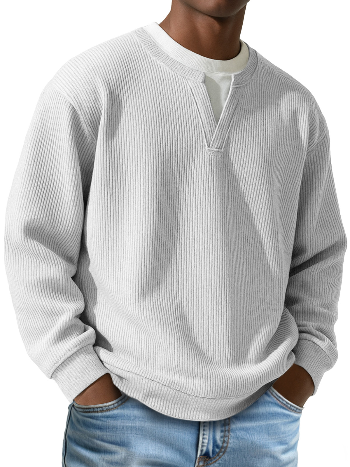Men's Daily Vertical Pit V-neck Fake Two-piece Round Neck Long-sleeved T-shirt